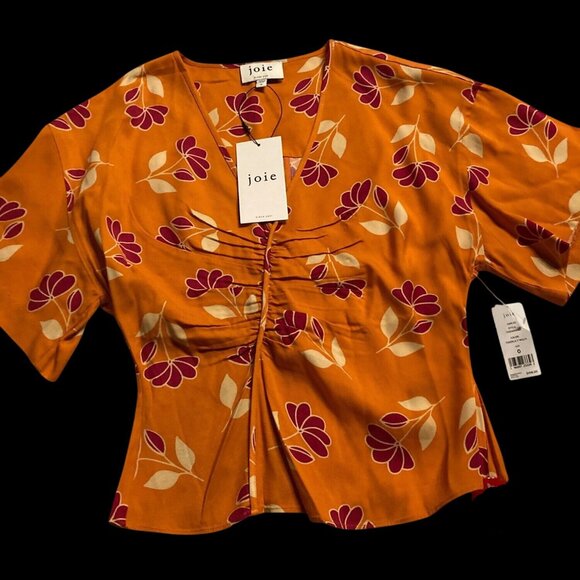 Joie Harlee Short Sleeve Floral Top Blouse Orange Size 0 New With Tag - Picture 4 of 4
